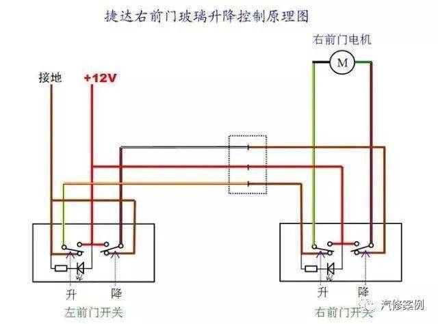 从电路图上可知,右前门车窗升降开关上有5根线,包括1根电源线,2根搭铁