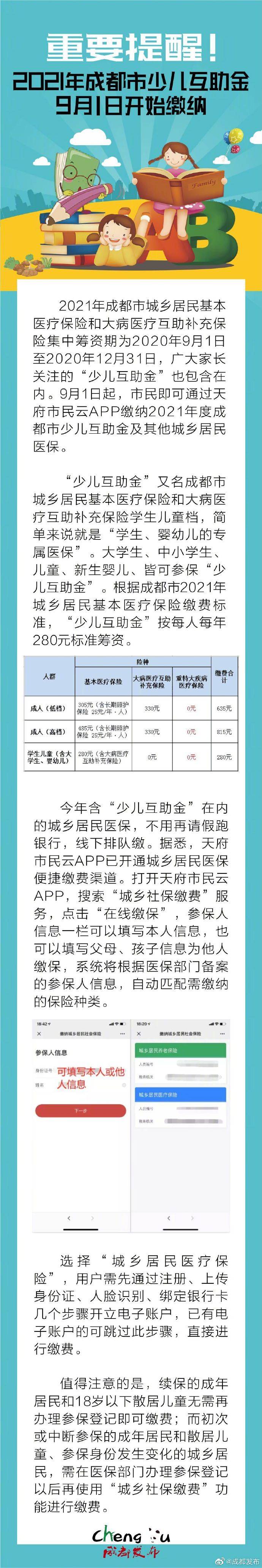 成都市|重要提醒！2021年成都市少儿互助金9月1日开始缴纳