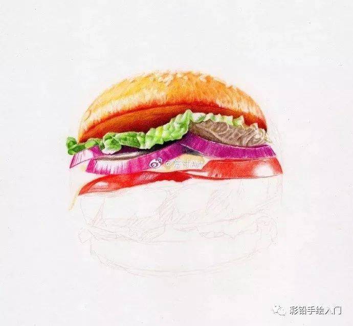 彩铅画入门临摹教程 | 彩铅汉堡步骤图,适合新手临摹的彩铅画