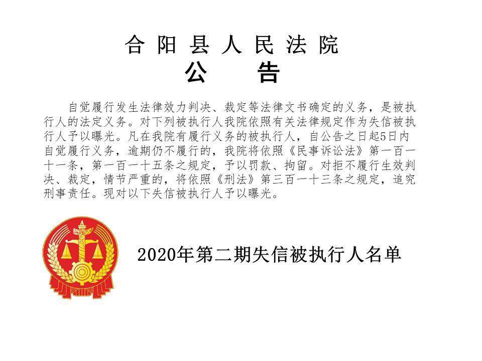 合阳县2020年第二期失信被执行人名单(66人)