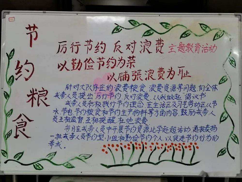 反对浪费"主题板报,让戒毒人员积极参与宣传,知晓国家粮食安全问题