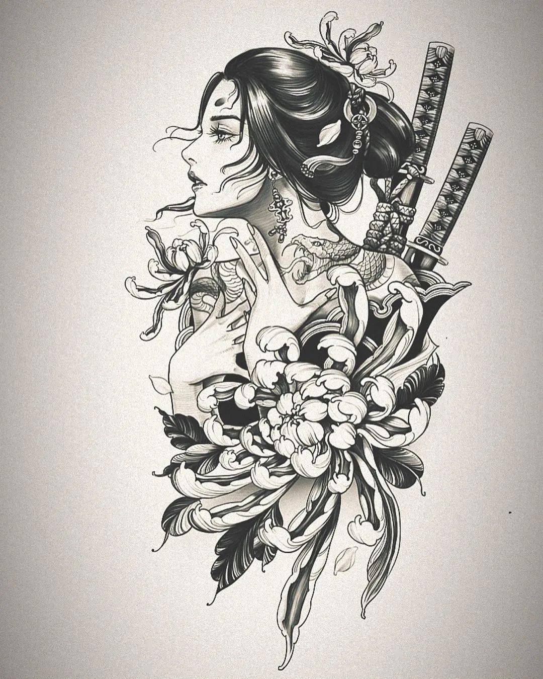 绝美的古风女武士纹身手绘稿