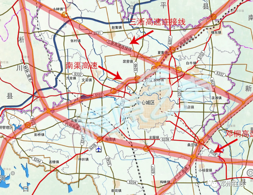 与沪陕高速公路相接,经南水北调渠首淅川县九重镇,在邓州市桑庄镇与二