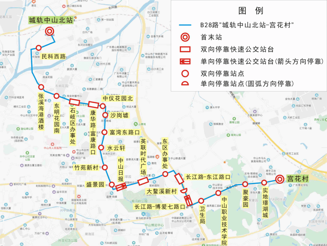 ▼ 优化调整071路线为b28路"城轨中山北站-宫花村"