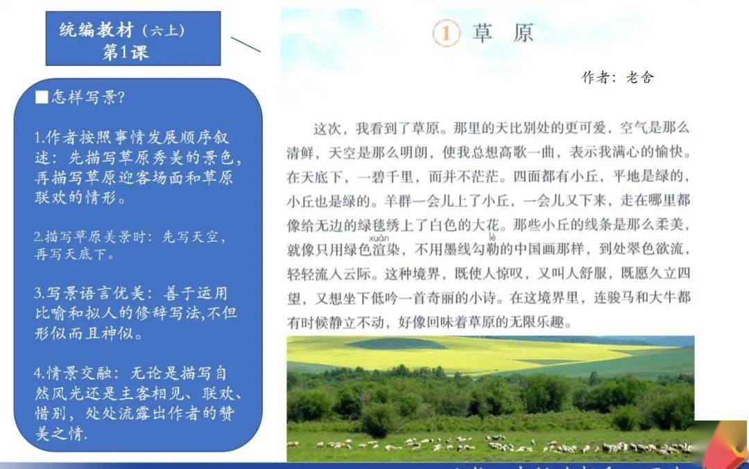 《草原》 (1)背诵片段 (2)      老舍,满族,原名舒庆春,字舍予,北京