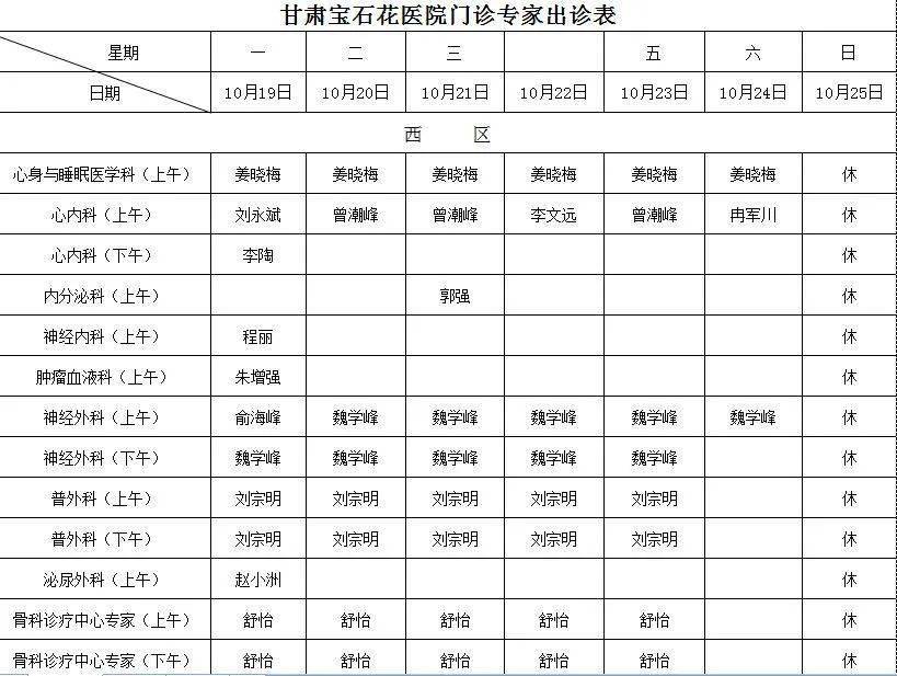 兰州|甘肃宝石花医院（兰州石化总医院）专家门诊出诊表2020.10.19-10.25