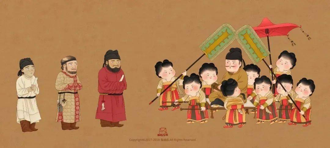 根据很多唐朝名画创作的可爱q版唐代风俗画, 除了擅长运用唐朝古画的