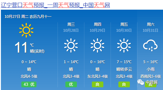 天气预报:营口,盖州,大石桥,鲅鱼圈,今天白天到夜间晴间