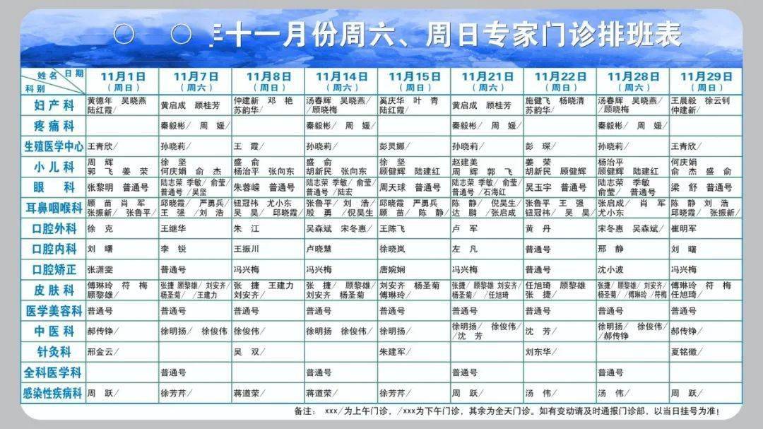 附院|最新 | 通大附院11月份专家门诊排班表出炉啦！