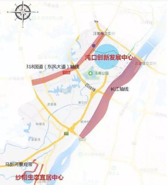 未来,武汉开发区沌口片区将以长江和318国道(东风大道)为两条主要轴线