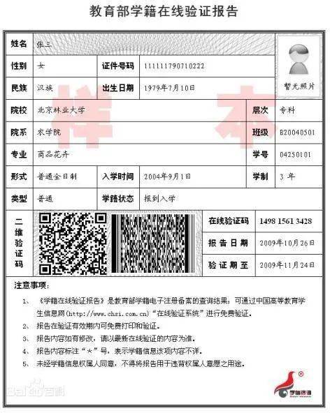 《教育部学籍在线验证报告》示例