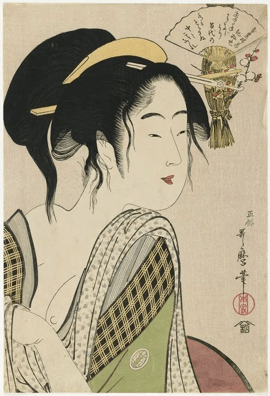 将美人画推向是日本浮世绘最著名的大师之一.本姓北川,原名北川丰章.