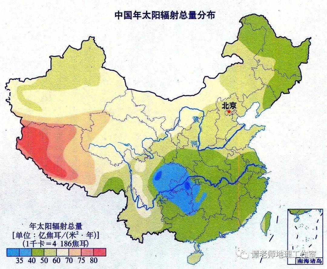 我国年太阳辐射总量的空间分布我国年太阳辐射总量的分布,从总体上看