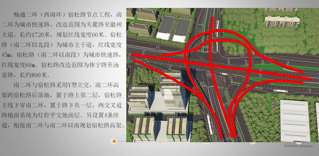 南二环与宿松路采用y型立交,南二环高架跨宿松路后落地,宿松路主线下