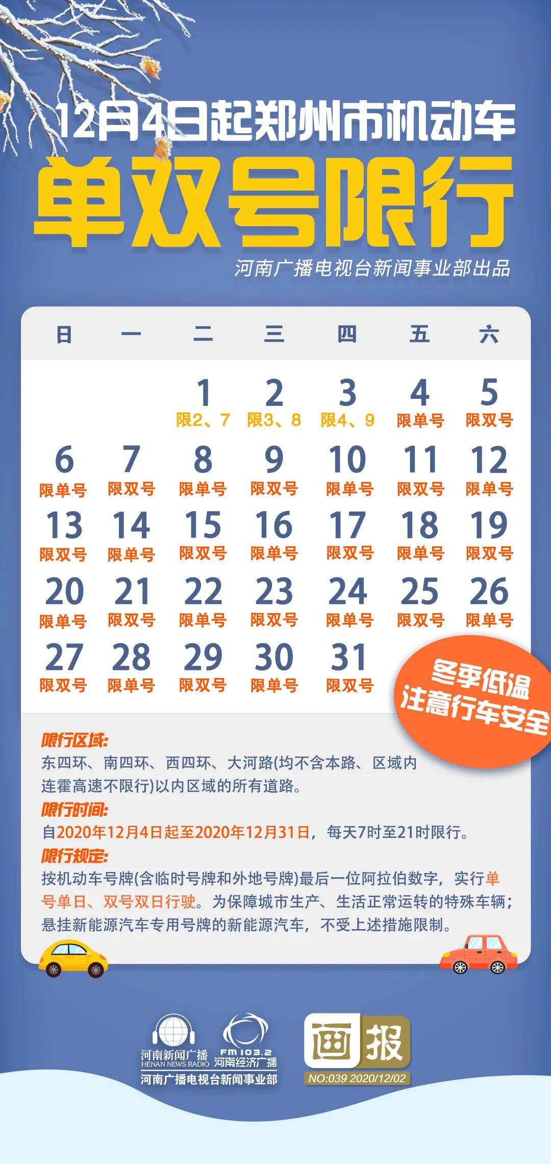 郑州12月4日起单双号限行！记得收藏这张图！