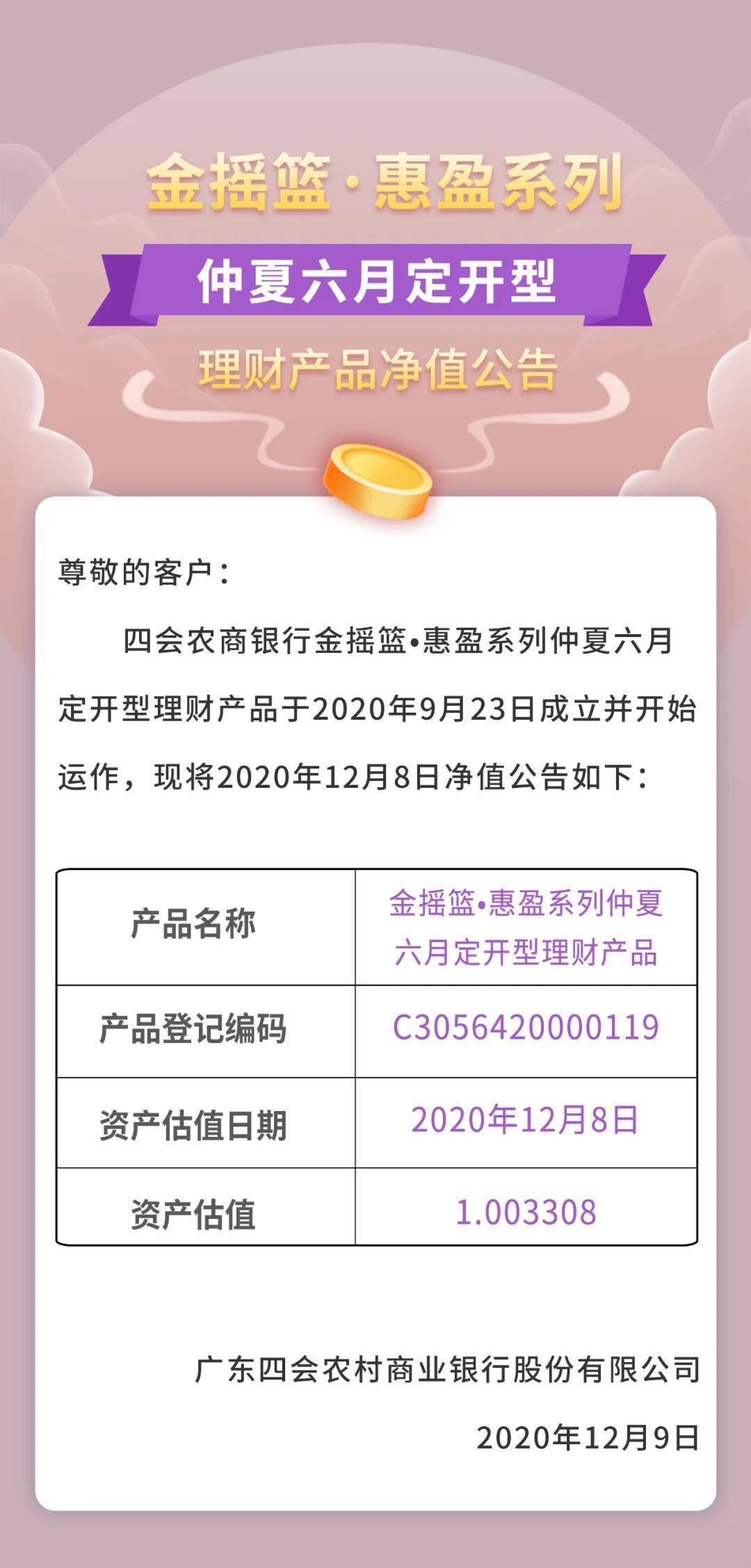 金摇篮·惠盈系列仲夏六月定开型理财产品净值公告