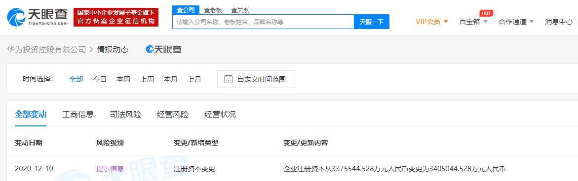 华为投资控股有限公司注册资本新增至约340.5亿人