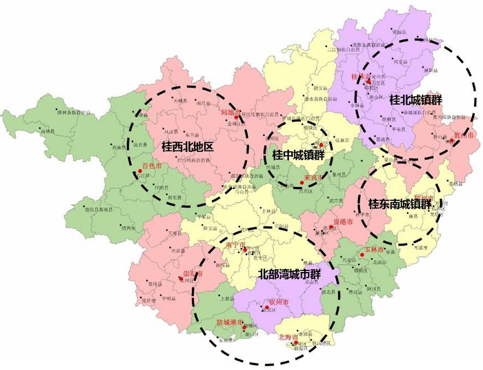 广西城(市)镇群5个片区分布示意图