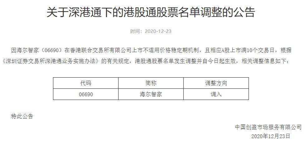 深交所将海尔智家调入深港通下的港股通股票名单