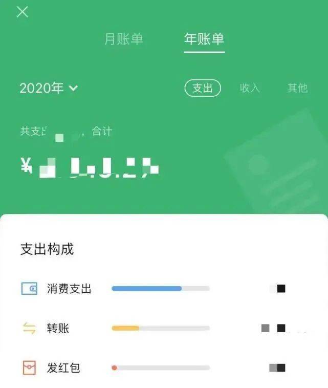 "我→支付→钱包→账单→统计→年账单" 查看今年截至目前 微信账户