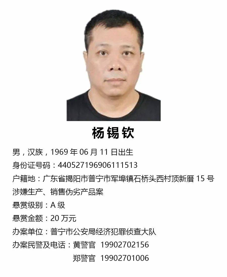 注意!关于公开征集杨锡钦等人违法犯罪线索的通告