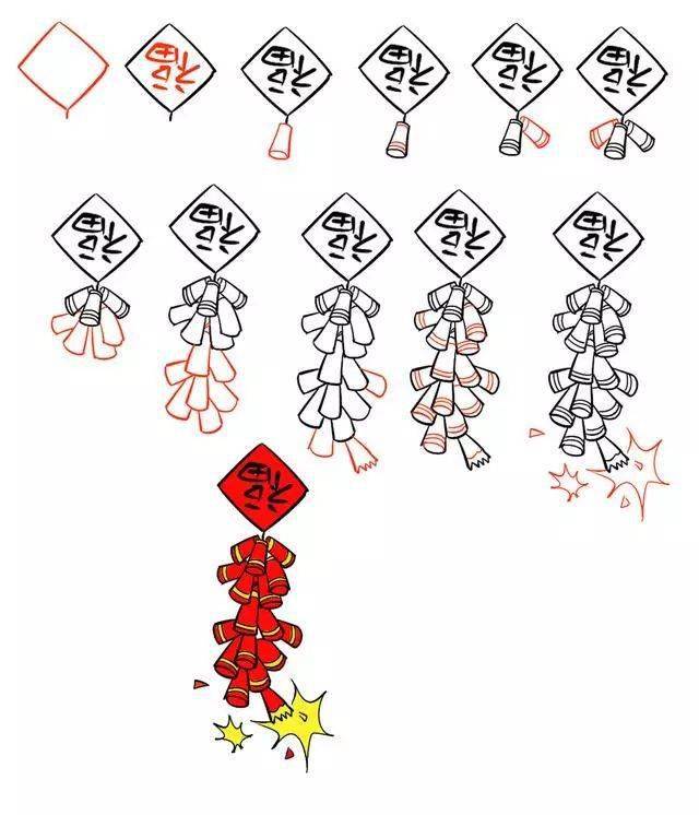 新年简笔画,用灯笼,鞭炮,红包一起迎接春节吧!