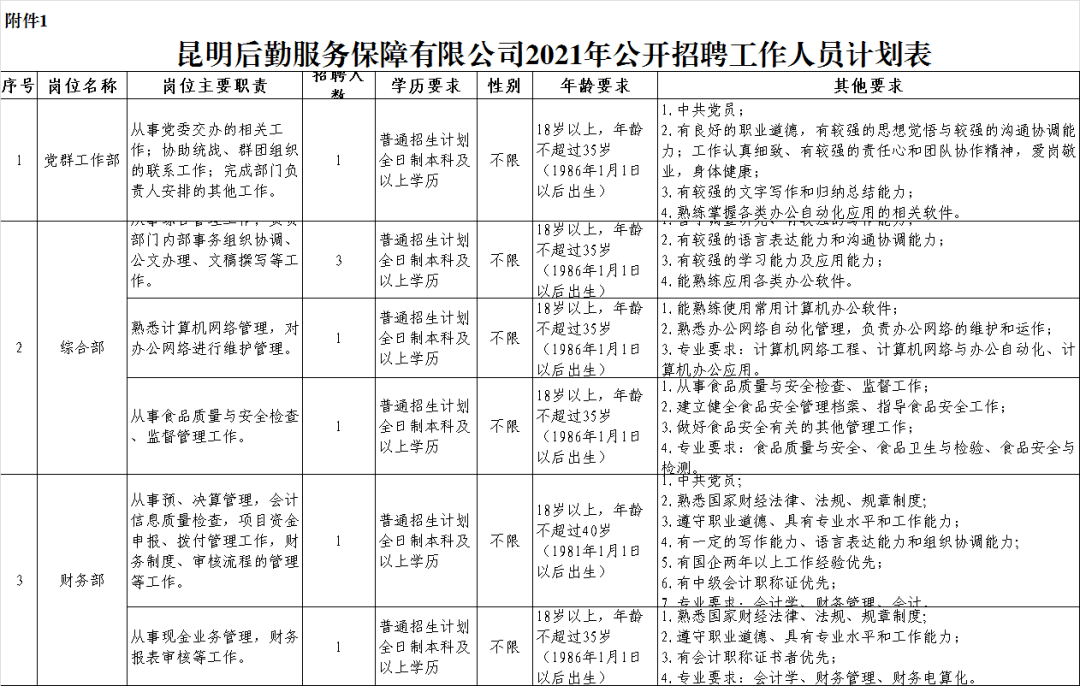 附件1《昆明后勤服务保障有限公司2021年公开招聘工作人员计划表.