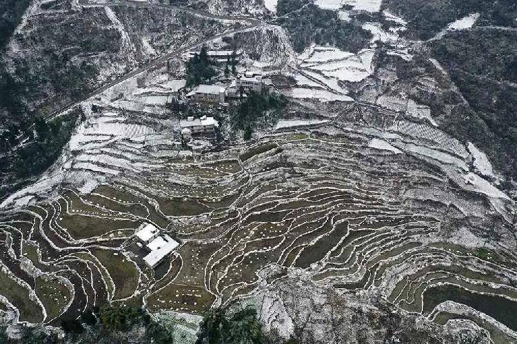 该区黑溪镇光明村的梯田农家被白雪覆盖,错落有致的梯田雪线与民居