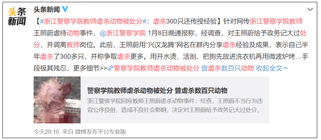 被处分 浙江警察学院王教师记大过调离教师岗位,自称半年虐杀300多只动物