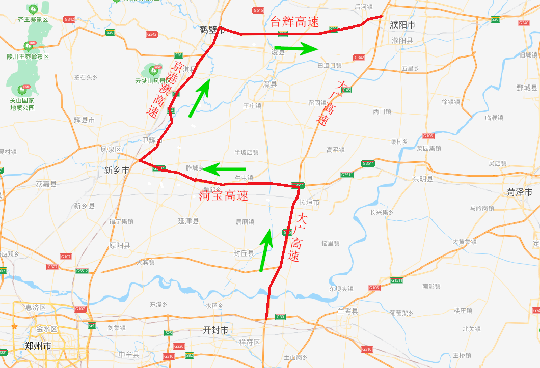 台辉高速公路鹤壁至濮阳段转大广高速公路向南(由西转南)方向:提前