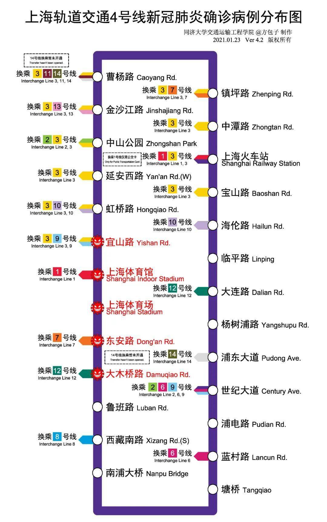 【疫情】上海地铁新冠肺炎确诊病例分布图(2021.01.23