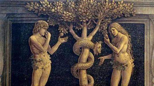 蛇引诱夏娃和亚当偷吃知识树的果实.