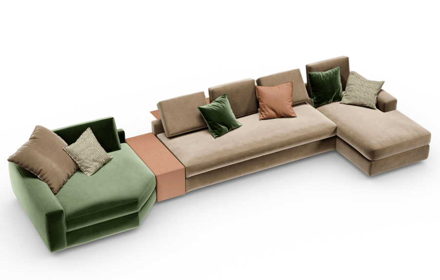 adone sofa,绿色系与大地色系的撞色,以及经典的蓝色搭配.