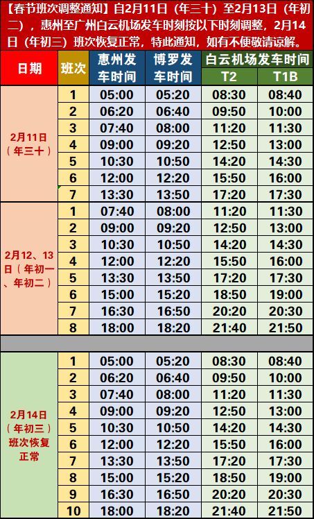 自  2月11日(年三十)至2月13日(年初二),惠州至广州白云机场发车时刻