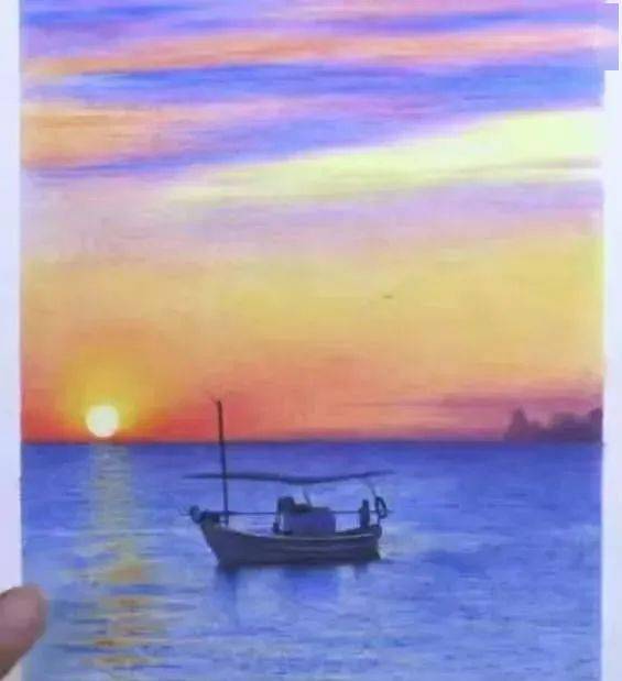 彩铅风景画教程 | 彩铅落日的风景画-江畔黄昏,细腻唯美