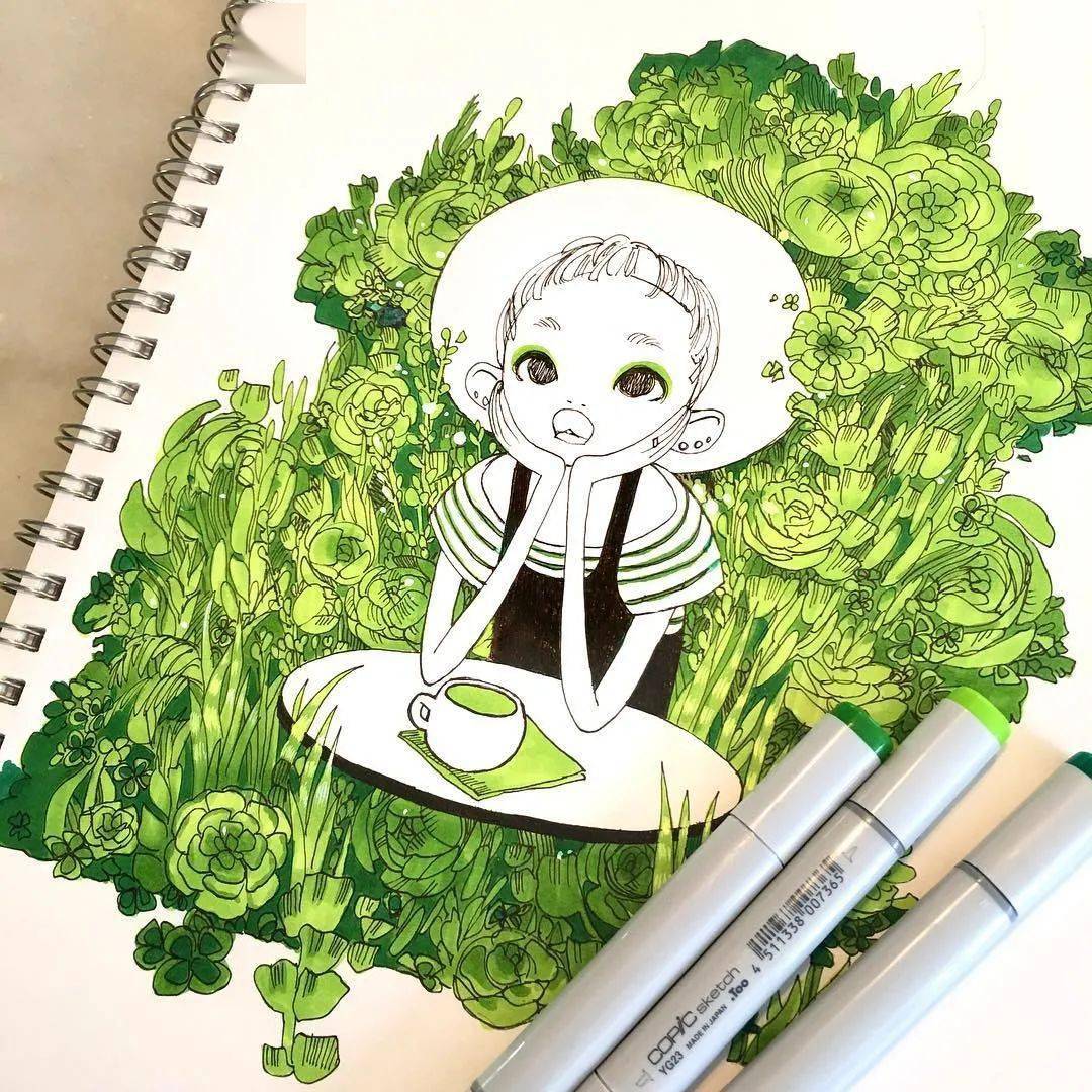 画风非常有意思的马克笔女生插画
