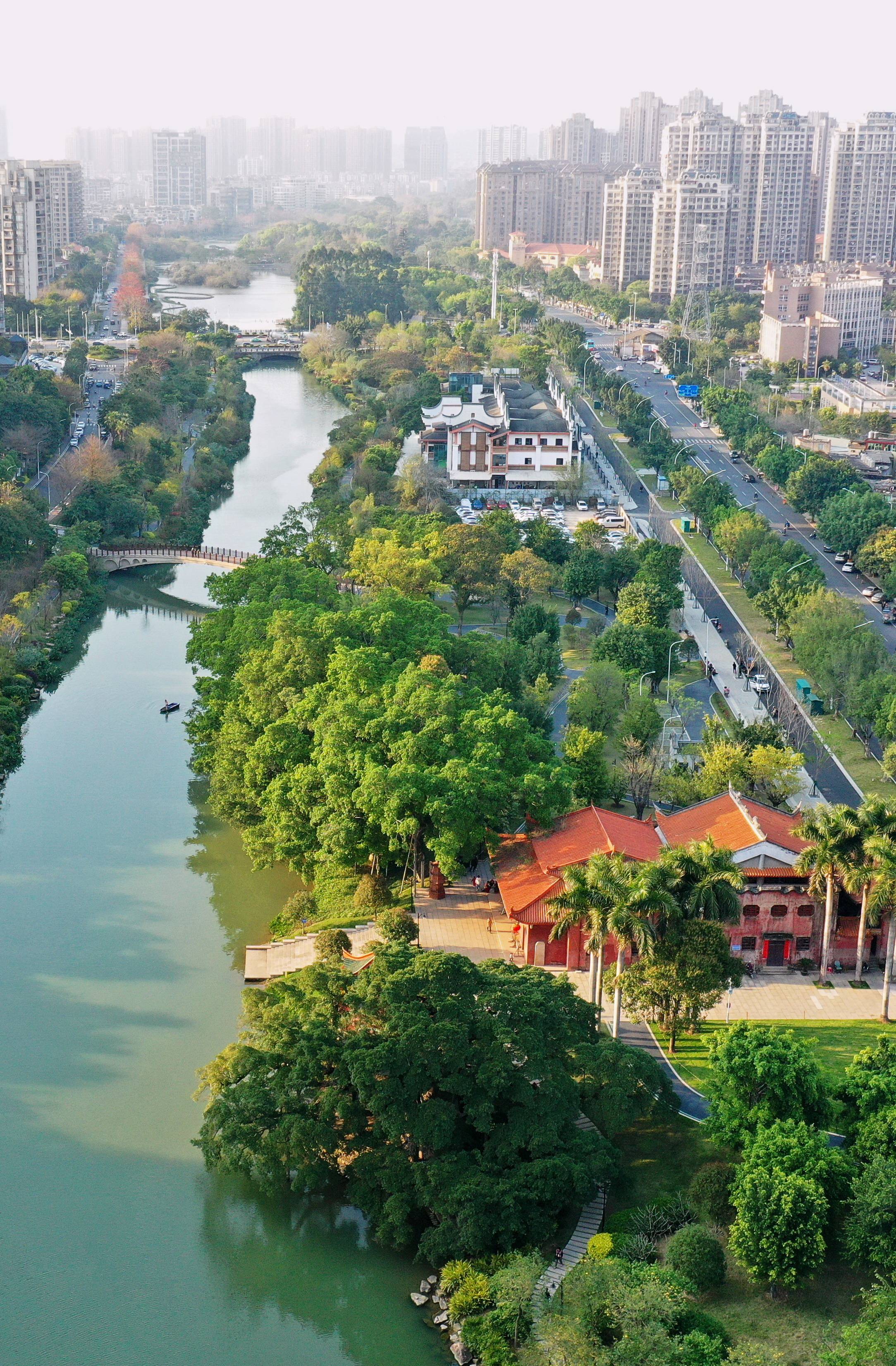 这是水清,河畅,岸绿的福州市仓山区流花溪沿岸的古榕,古迹和城市道路