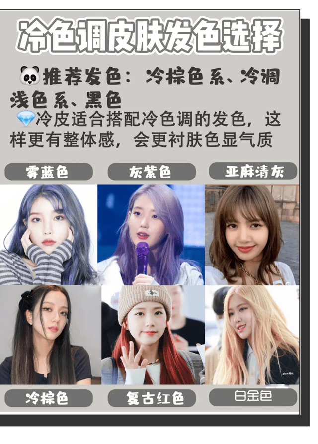 02.根据肤色选发色: 冷色皮肤:①推荐选择深色,冷
