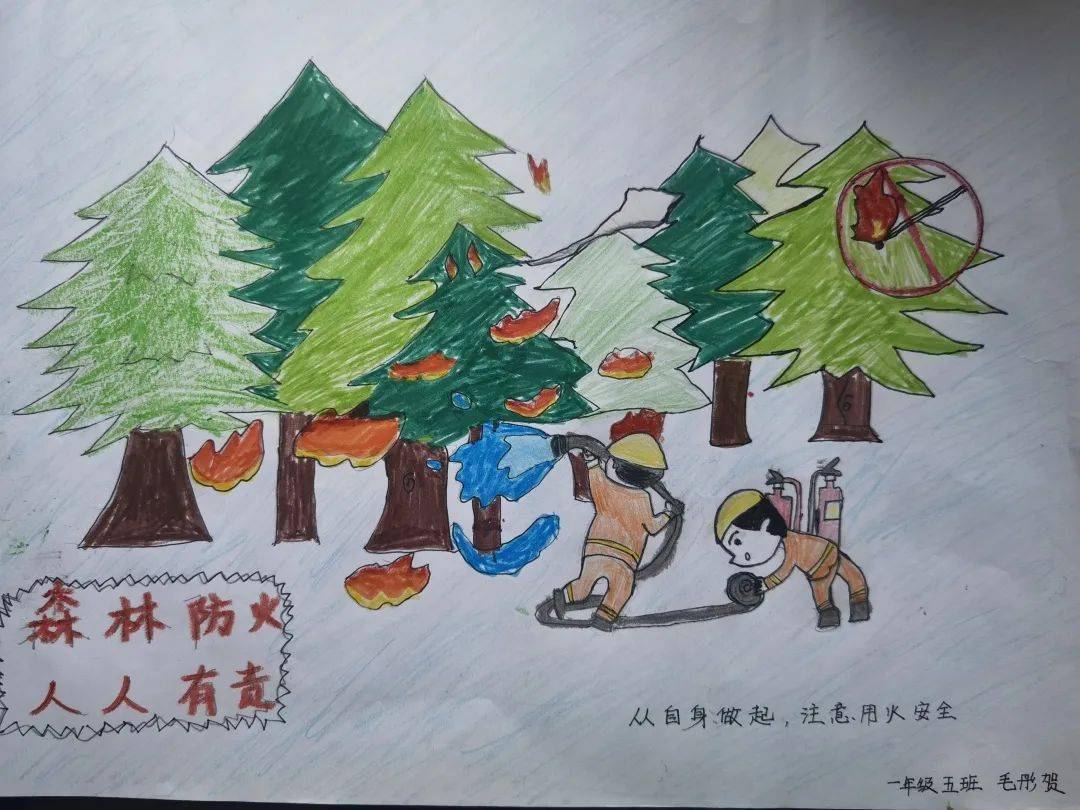 各年级以"森林防火 人人有责"为主题创作了儿童画,手抄报,安全提示语