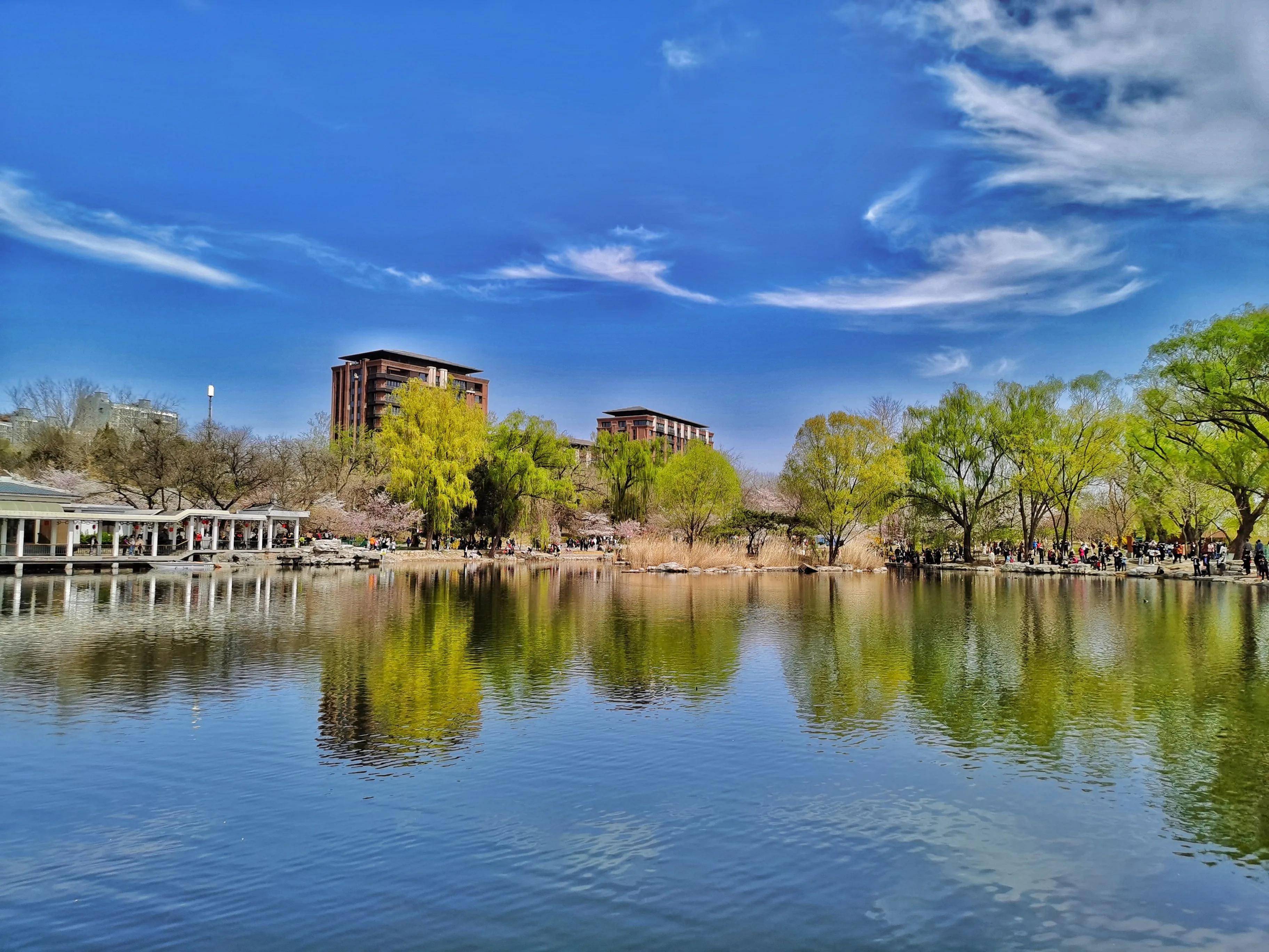 北京玉渊潭公园风景秀丽,泛舟湖心,四周一片蔚蓝,宁静