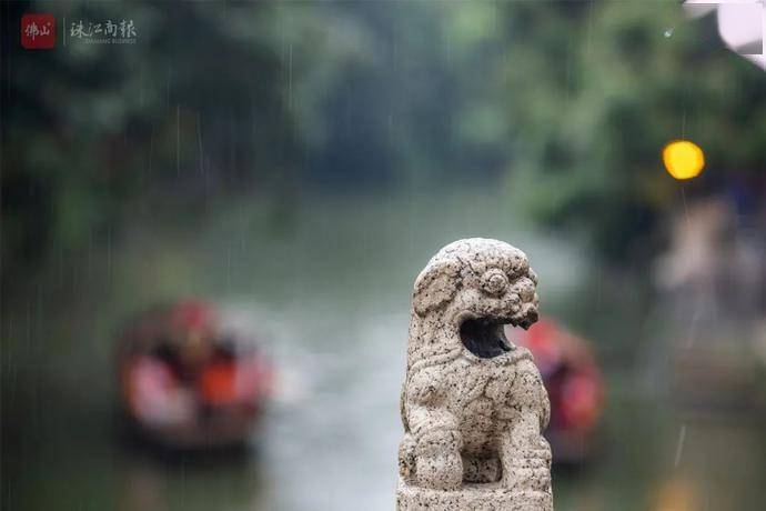 古桥上,小石狮在雨中坚守