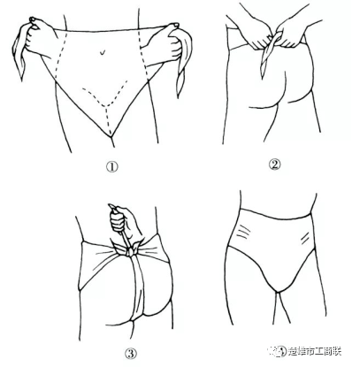 下腹部包扎法:将三角巾顶角朝下,底边横放腹部,两底角在腰后打结固定