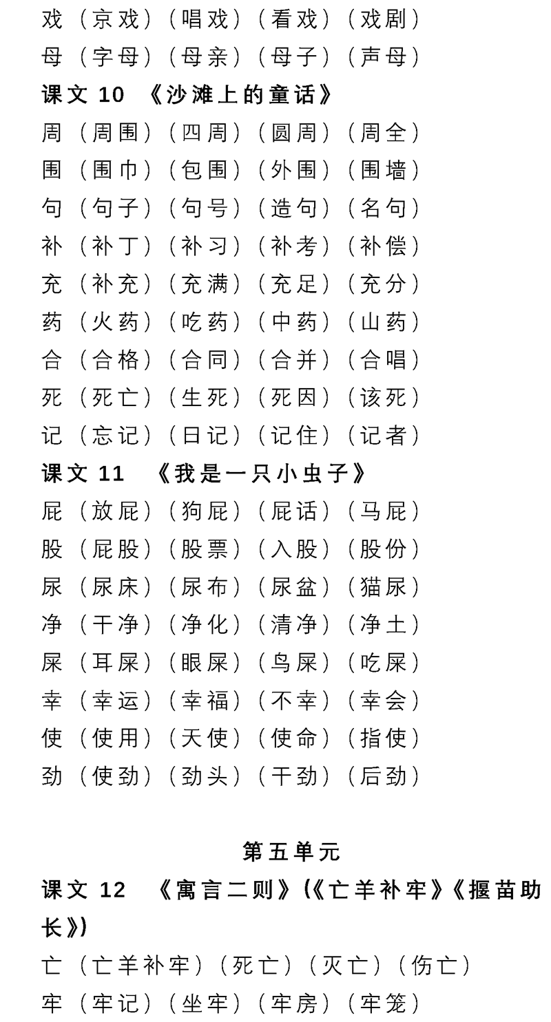 部编16年级语文下册第17单元生字表组词大全