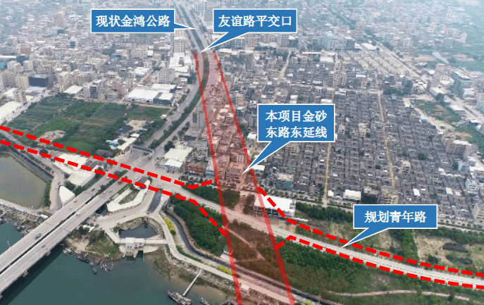 东侧现状金鸿公路为一级公路,双向4车道布置,远期将拓建为双向6车道.