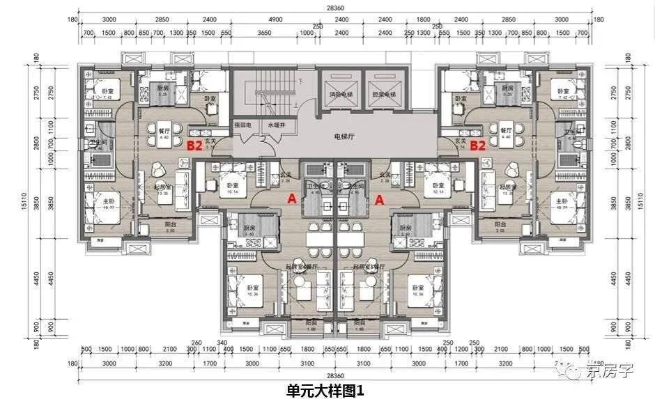 项目住宅采用两种一梯四户,两种一梯两户,共计四种单元,13~15层住宅