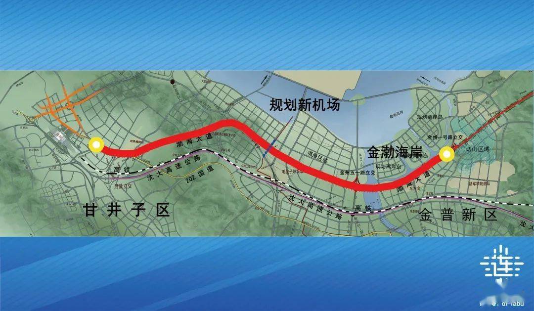 渤海大道南段路线图南端与姚家路相接借助甘井子区西北路(机场快速路