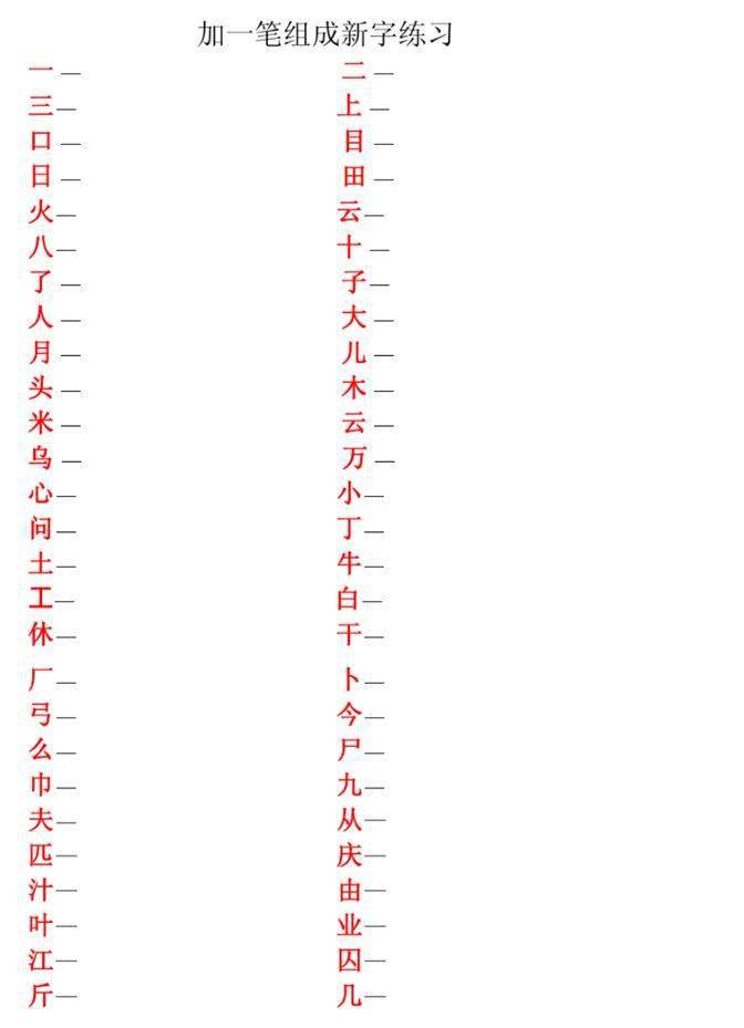 一年级语文一年级语文上册加一笔成新字你的孩子会做吗