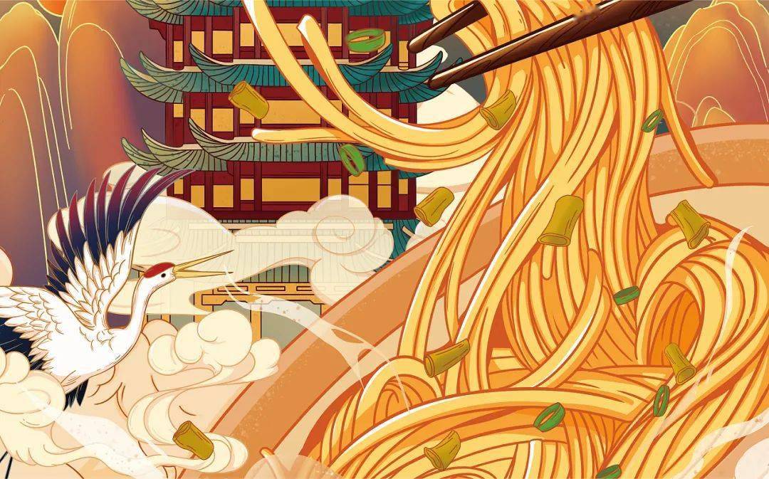 国潮插画描绘美食,黄鹤楼代表的武汉热干面,夫子庙代表的南京鸭血粉丝