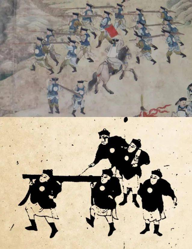 《西宁办事大臣松廷呈连环炮图》中抬枪(下)74战图中清军装备的