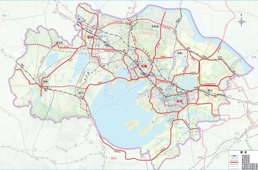 图中涉及无锡的轨道交通有:苏锡常都市快线,盐泰锡常宜城际铁路,锡宜